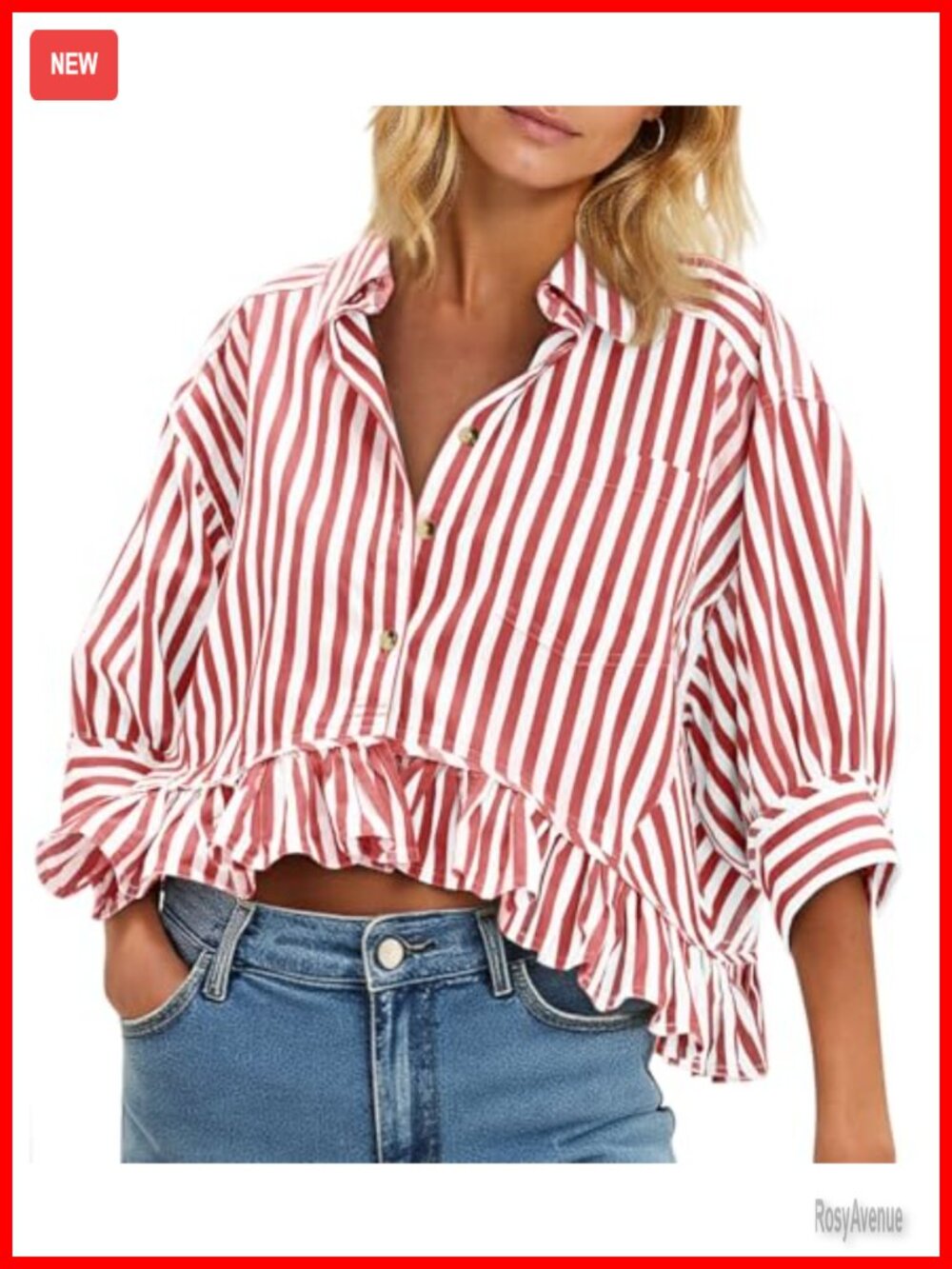 Womens Cropped Striped Button Down Shirt Ruffle 3/4 Sleeve V-Neck Regular Fit